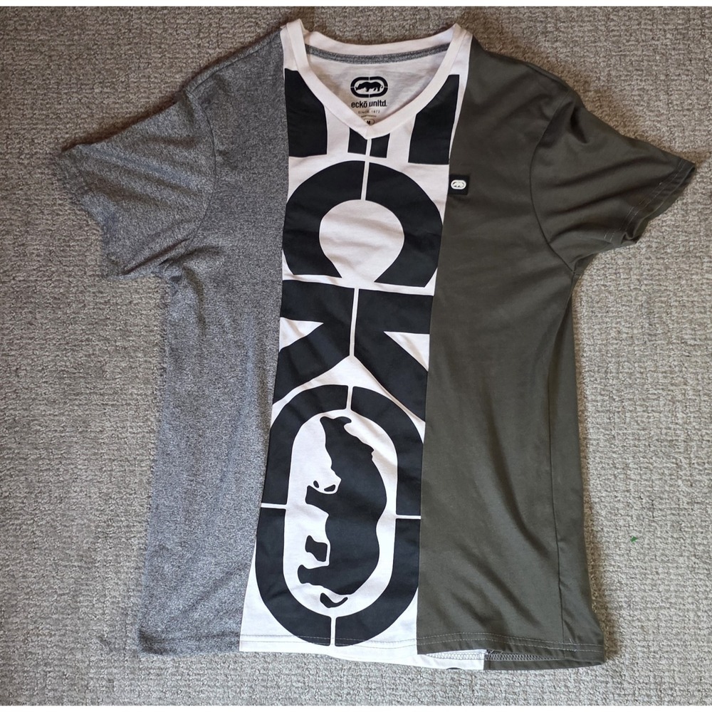 Ecko Unltd Mens Short Sleeve Center Rep V-Neck T-Shirt Gray Size Medium